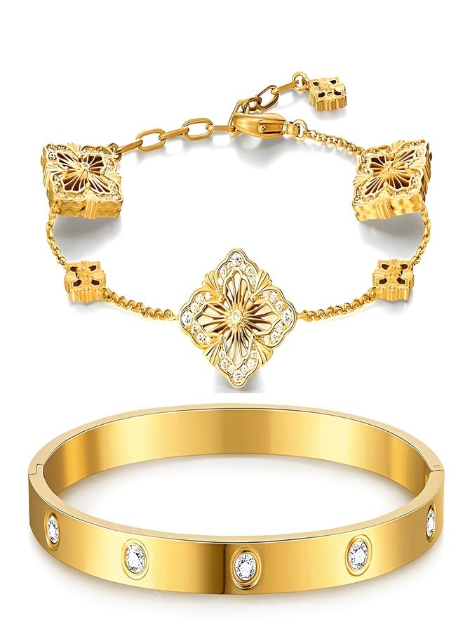 OANM studio 18K Gold Plated Clover Lucky Love Bangle Bracelet Set For Women, Non Tarnish Stacking Friendship Bracelet Set, Christmas Anniversary Birthday Gift - Image 1